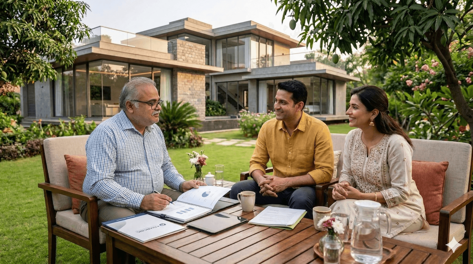 Financial advisor discussing investment plans with a young Indian couple in a lush green garden
